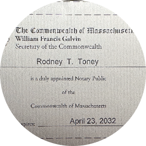 Rodney Toney available notary in Belmont, MA - 02478